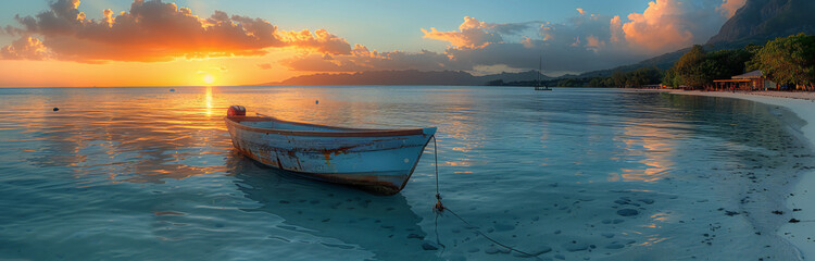 Wall Mural - Fishing Boat at Sunset in Le Morn Brabant