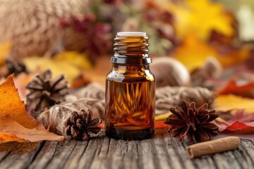 Aromatic essential oil bottle surrounded by autumn leaves and nature decor