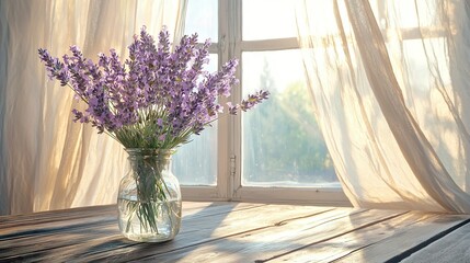 Wall Mural -   A vase brimming with purple blossoms sits atop a wooden table beside a window draped in sheer curtains