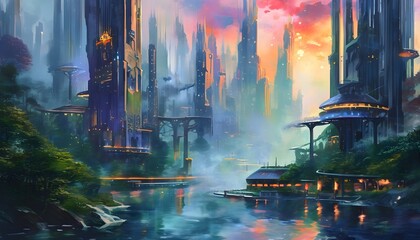 Wall Mural - Enchanted Urban Fantasy: A High-Tech Metropolis Interwoven with Mystical Forests and a Dreamlike Watercolor Atmosphere