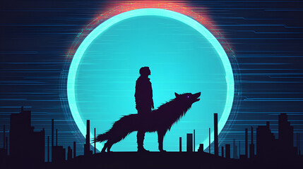 Sticker - Cyberpunk Cityscape with Silhouette of Man and Wolf Under Glowing Moon - Futuristic Art