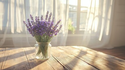 Poster -   A vase with purple flowers rests on a wooden table in front of white curtained windows