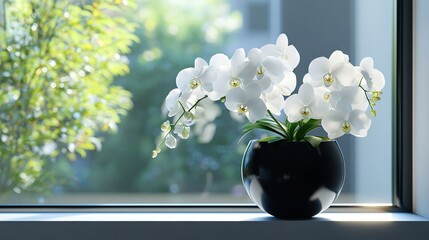 Poster -   A white vase with flowers sits on a window sill alongside a green tree