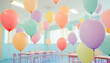 © Malik - A pastel school classroom full of colorful balloons to welcome children back to school. It's September, children go to school to learn and socialize.