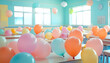 © Malik - A pastel school classroom full of colorful balloons to welcome children back to school. It's September, children go to school to learn and socialize.