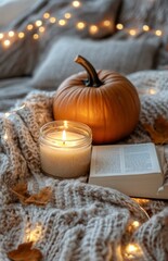 Poster - Cozy autumn evening with a pumpkin, candle, and an open book by the window on a warm blanket