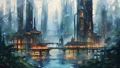 Wall Mural - Enchanted Urban Fantasy: A High-Tech Metropolis Interwoven with Mystical Forests and a Dreamlike Watercolor Atmosphere