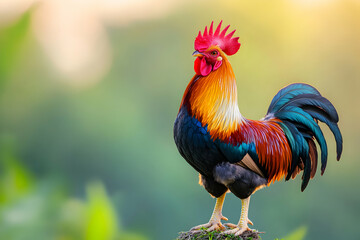 Sticker - A rooster with a colorful plumage stands on a log in a green natural background.