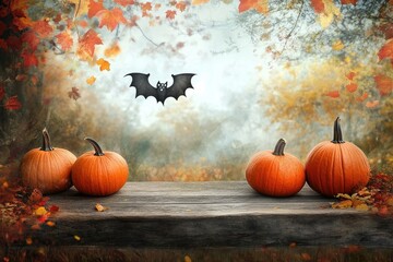 Autumn pumpkins and a whimsical bat on a rustic wooden table amidst a vibrant fall landscape