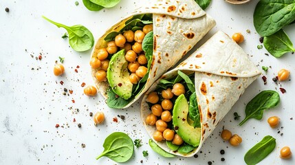 Sticker -   Two bowls brimming with chickpeas, spinach, and avocado nestled atop spinach foliage on a pristine background