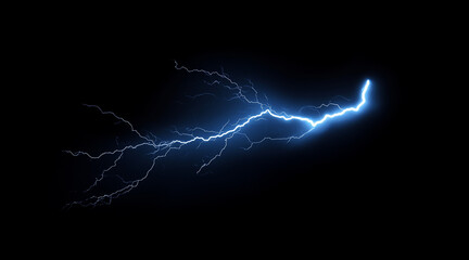 Wall Mural - Dynamic lightning bolt frozen in mid-strike isolated on a black background. Weather phenomena isolated on white. Photo realistic photo.
