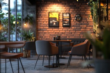 Sticker - Contemporary Cafe Interior with Modern Furniture and Brick Wall Background