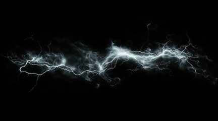 Wall Mural - Dynamic lightning bolt frozen in mid-strike isolated on a black background. Weather phenomena isolated on white. Photo realistic photo.
