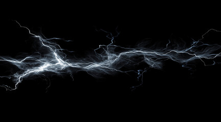 Wall Mural - Dynamic lightning bolt frozen in mid-strike isolated on a black background. Weather phenomena isolated on white. Photo realistic photo.
