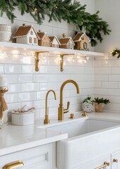 Wall Mural - Cozy kitchen decorated for the holidays with gingerbread houses and festive greenery in winter