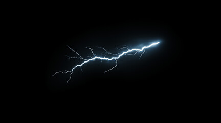 Wall Mural - Dynamic lightning bolt frozen in mid-strike isolated on a black background. Weather phenomena isolated on white. Photo realistic photo.
