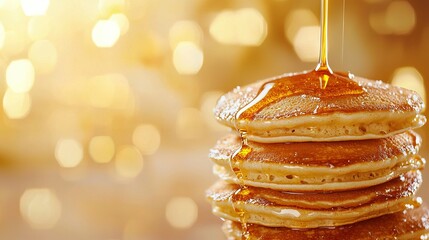 Wall Mural -   a stack of pancakes with syrup drizzled on top, set on a table against a focused background