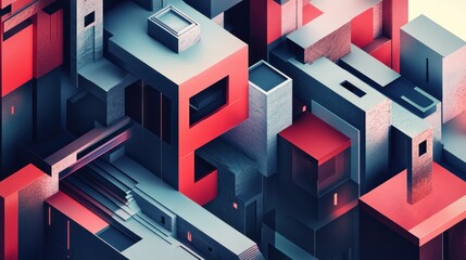 Poster - Abstract Geometric Composition with Red and Grey Cubes