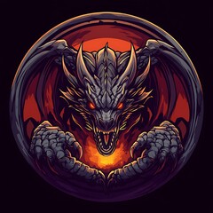 Wall Mural - Fiery Dragon Illustration in Circle for Logo or T Shirt Design