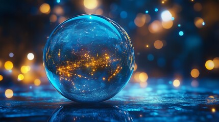 Poster - a glowing crystal orb reflecting lights and colors in a dimly lit environment during nighttime