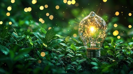 Canvas Print -   A lush green field surrounded by a lightbulb with beams of light emanating from it