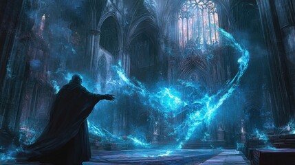 A mysterious figure casts a spell in a gothic cathedral.