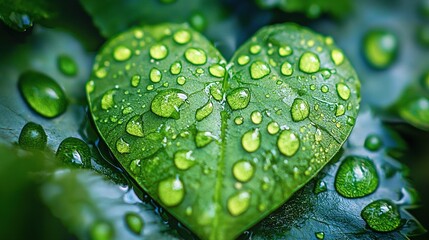 Poster -   A heart-shaped green leaf with water droplets on its surface amidst a sea of green leaves