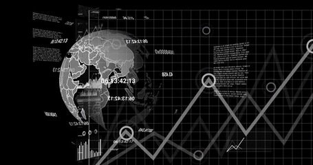 Poster - Animation of financial data processing and globe over black background