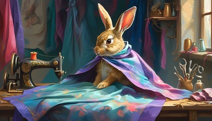 Enchanted rabbit tailor crafting a cloak of invisibility in a magical workshop adorned with whimsical pastel fabrics