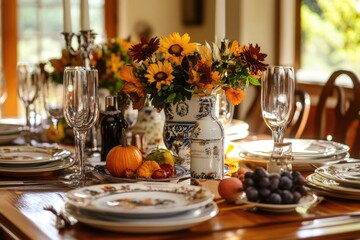 Beautifully arranged Thanksgiving dinner table with autumn decor