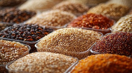 Sticker -   A close-up of various colored and sized grains in plastic containers on a table