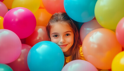 Creative colorful sweet, street party concept of a young girl in a bunch of helium balloons. Beautiful colorful balls as a symbol of fun and love.   