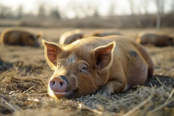 Relaxed pigs resting peacefully on an organic farm during a sunny afternoon