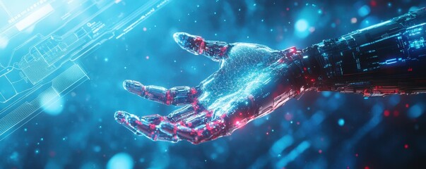 Poster - Futuristic digital art featuring an AI robot hand reaching out against a glowing, high-tech background
