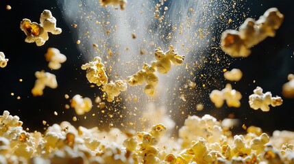 Canvas Print -   Close-up of popcorn kernels flying in mid-air while sprinkles are scattered around them