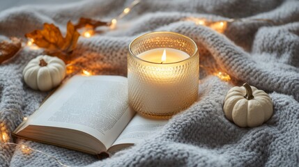 Poster - Cozy autumn evening with a lit candle, small pumpkins, and a book on a warm knitted blanket