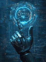 Poster - futuristic digital background with ai robot hand interacting with holographic interface displaying a