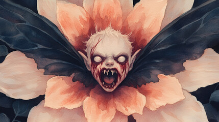 Gothic Horror Watercolor Illustration -  Fanged Creature Emerging From Flower