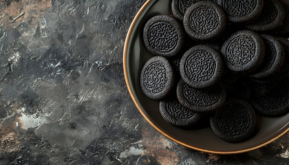 black oreiro cookies close-up in a plate, top view. Textured background   