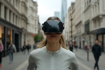 Woman Wearing Virtual Reality Goggles Running, Immersive VR Experience and Fitness Technology