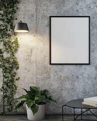 Modern Poster Design in Contemporary Loft Interior with Ivy Wall and Concrete Background