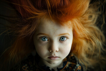 Portrait of a little girl with disheveled hair, big eyes and a serious expression, looking straight into the camera. Generated AI