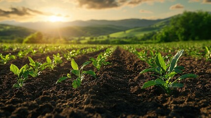 Canvas Print -  A serene image of lush green vegetation bathed in the warm glow of the distant sun, framed by majestic mountains