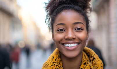 Happy young african american woman smiling in the city. Closeup Portrait of a happy young adult African girl standing on a European city street. African female with perfect white teeth, Generative AI