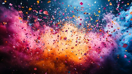 Canvas Print - Colorful confetti falling in smoke, celebration party background