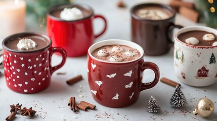 Poster -   Three mugs of hot chocolate with marshmallows and cinnamon on a table with Christmas decorations and candles