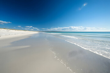 Wall Mural - Tranquil beach scene with white sand, blue sky, and gentle waves.