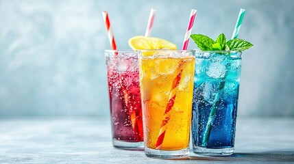 Wall Mural -   Three glasses of different colored drinks, each with a straw and a lemon wedge Half-filled with water, half-full, half-empty and half-filled with ice