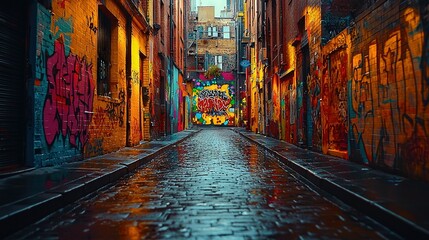 Wall Mural -   Alleyway with graffiti-covered walls and wet sidewalk, ending in a wet sidewalk