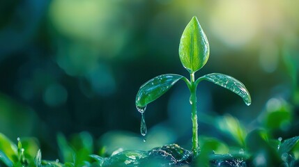 Wall Mural -   A tiny green plant grows from the earth with water drops on its leaves in the foreground